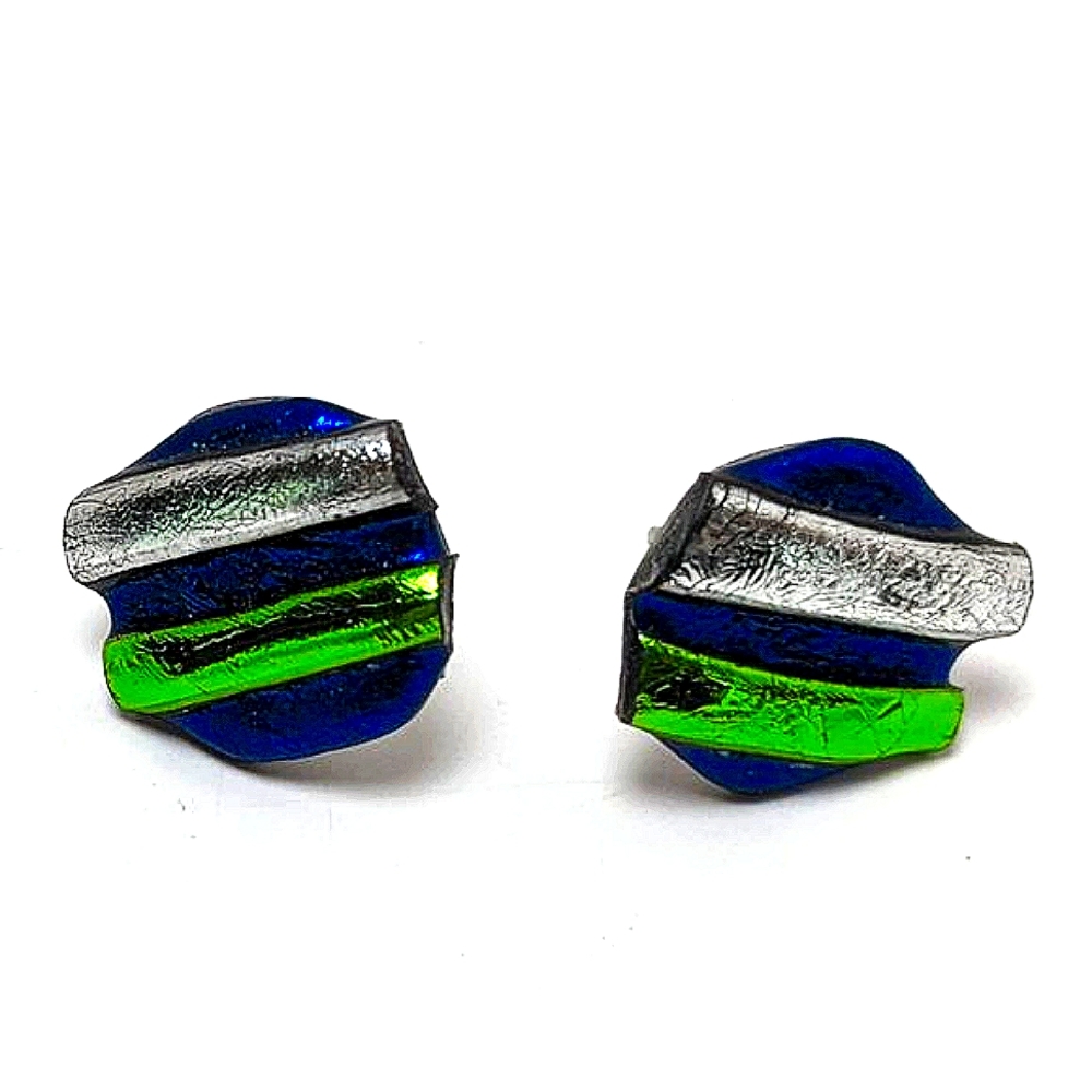Handle made stud earrings - blue, green and silver